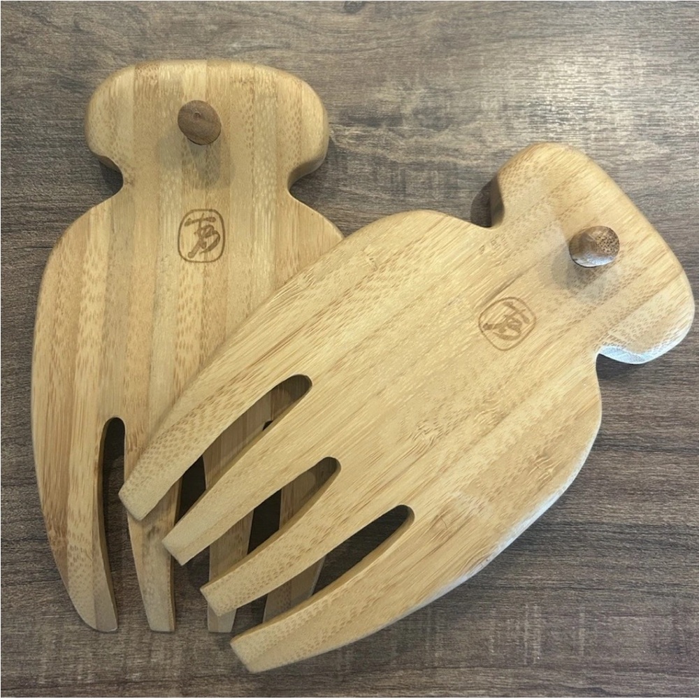 TOTALLY BAMBOO Salad Hands Servers Set Non Slip "Knob"‎ Back NWOT